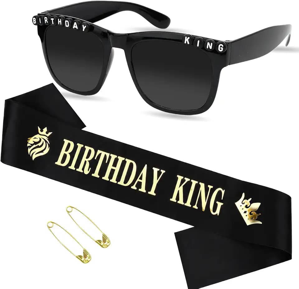 Jaciya Birthday King Sash and Sunglasses Black Gold Birthday Party Decor