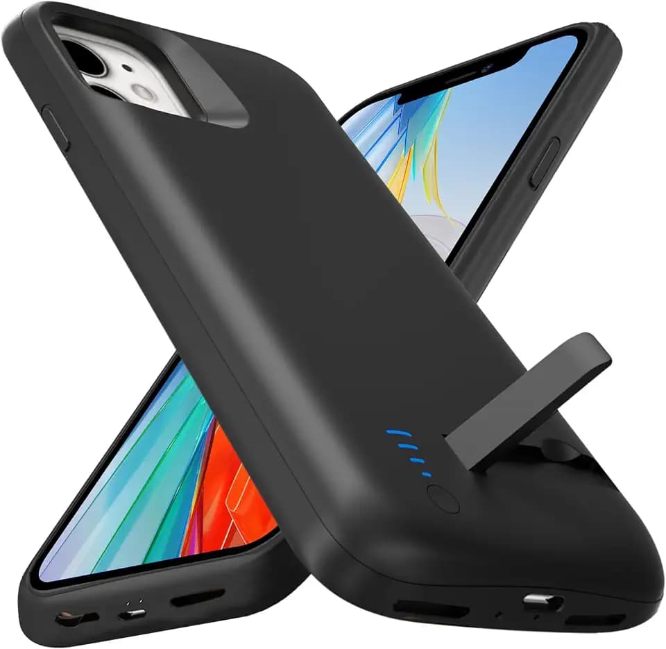 Akkuhülle für iPhone 11(6.1",8500mAh), Schlanke Wiederaufladbare Erweiterte Ladehülle Powerbank mit Standfuß, Tragbare Schützende Telefonhülle mit Akku für iPhone 11