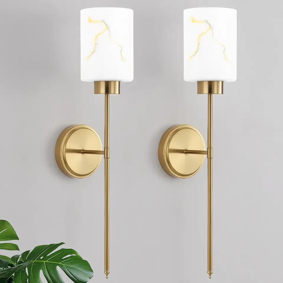 Gold Wall Sconces Set of 2 with Marble Glass Shade, Modern Bathroom Vanity Light Fixtures for Bedroom, Hallway, Entryway, Living Room