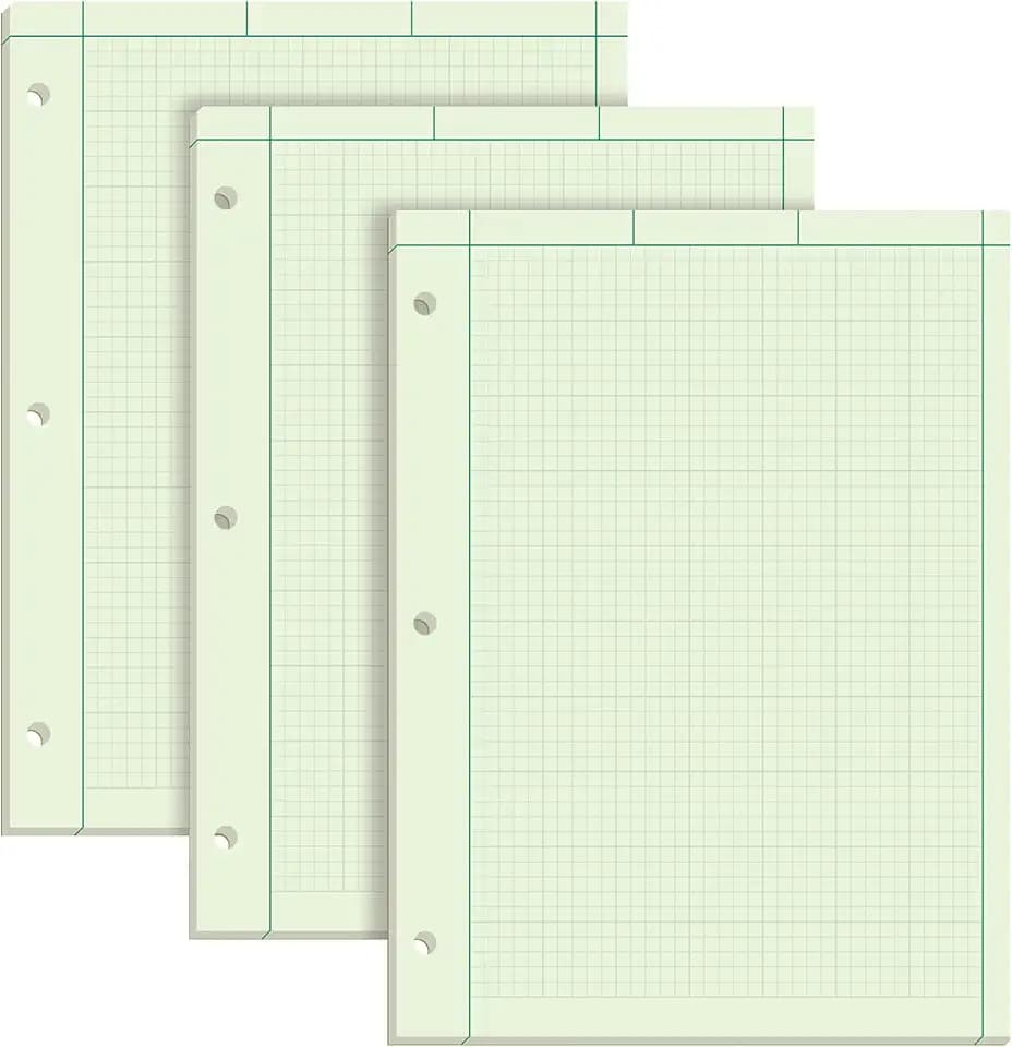 TOPS Engineering Notebooks, Graph Notebooks, 3 Pk Quad Ruled Pad, 8-1/2" x 11", Glue Top, 5 x 5 Graph Rule on Back, Green Tint Paper, 3-Hole Punched, 100 Sheets per Pad (35507A)