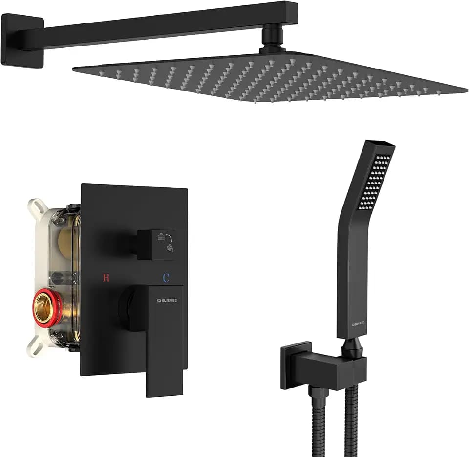 SR SUN RISE Shower Faucet Set 12-Inch Rainfall Shower Head Matte Black