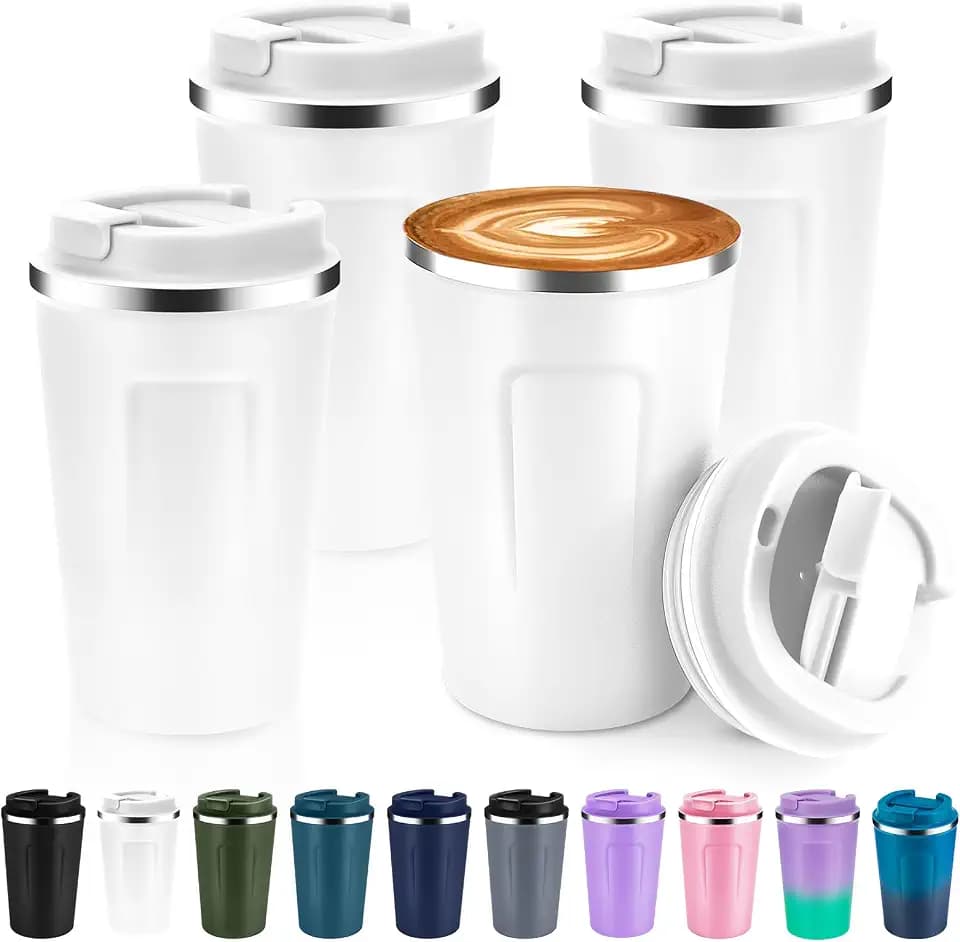 Volhoply 12 oz Double Wall Insulated Vacuum Travel Coffee Mug with Flip Lid Bulk 4 Pack,Reusable Stainless Steel Leak Proof Coffee Cups,Portable Cafe Thermal Tumbler for Hot & Cold Drinks(White,4 Set)