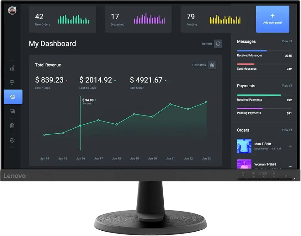 Lenovo D24-40 Monitor, 60,5 cm (23 Zoll) FHD-Display, Neigungsständer, HDMI- und VGA-Ports, 75 Hz Bildwiederholrate, AMD FreeSync, 250 Nits, Raven Black
