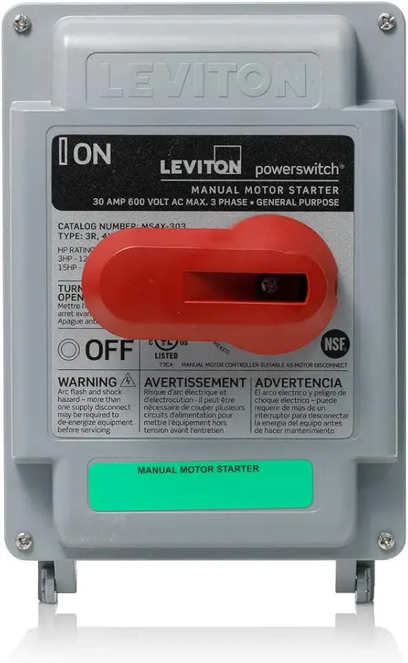 Leviton 30 Amp, 600 VAC, 3-Pole, Non-Fused Manual Motor Starter, Suitable as Motor Disconnect, Type 4X Thermoplastic Enclosure, IP67-Watertight, MS4X-303