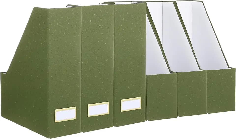 Gueevin Set of 6 Magazine File Holders, Sturdy Cardboard Desk Magazine Organizer with Gold Label Slots, Foldable File Folder Rack for Home Office Classroom Library(Green)