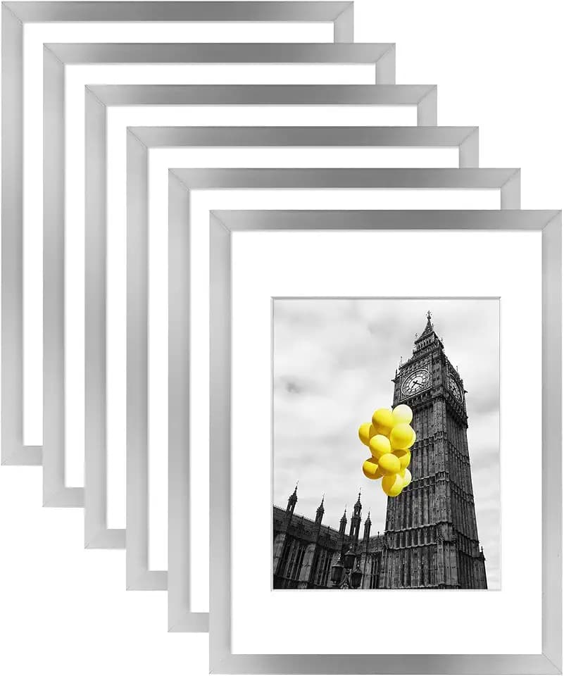 A4 Picture Frame Set of 6, Display Pictures 6x8 with Mat or 8.3x11.7 Without Mat, Document 8.3 x 11.7 Frame, Poster Frames,Silver