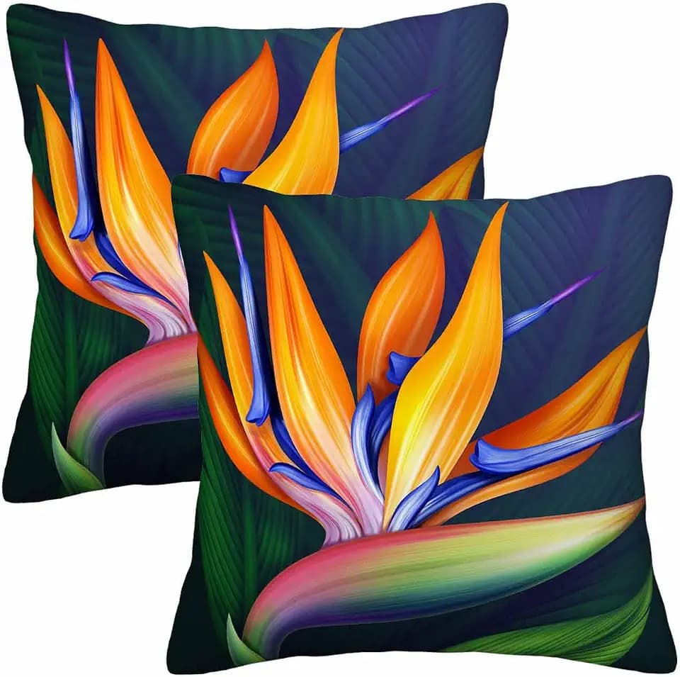 Strelitzia Bird of Paradise Throw Pillow Covers 18x18 Botanical Floral Leaves Bloom Plant Set of 2 Pillow Cases Square Velvet Outdoor Pillowcases Decorative for Home Bed Sofa Couch Hotel