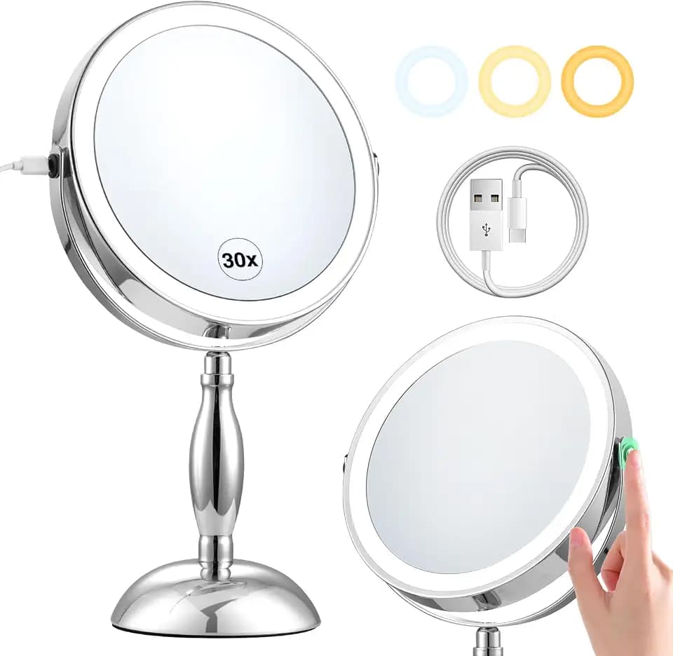 30x Magnifying Mirror, Chrome Lighted Makeup Mirror with 3 Colors Modes