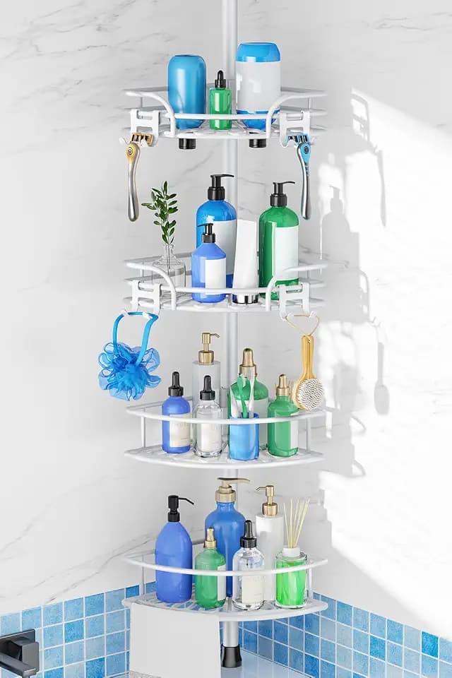 HAMITOR Corner Shower Caddy Tension Pole, Bathtub Adjustable No-Drill Shelf