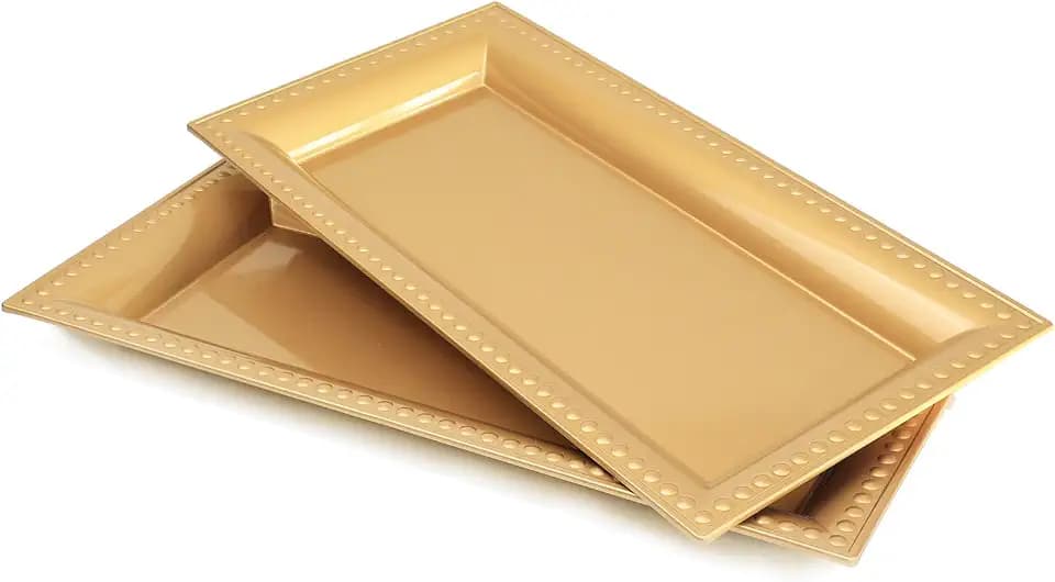 2 Pack Gold Bathroom Vanity Tray for Countertop with Beads, Small Plastic Toilet Tank Versatile Storage Organization Tray for Makeup, Perfume, Desk, Kitchen, Candles, 14"x7"x1", 36G