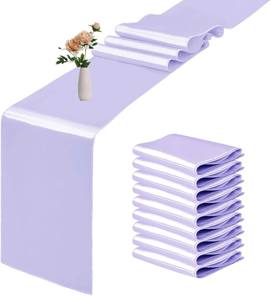 10 Pack Satin Table Runner 12 x 108 Inch Long Lavender Smooth Silk Fabric Table Runner for Birthday Parties Wedding Banquets Decorations.