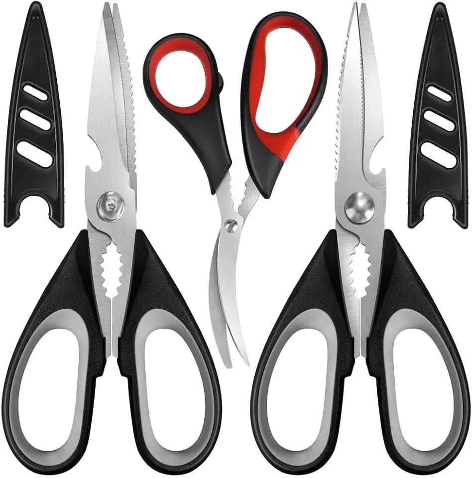 All Purpose Kitchen Shears with Protective Sheath, Heavy Duty 3 Pack Kitchen Scissors with Serrated Blade, Stainless Steel Cooking Scissors for Poultry, Food, Vegetables