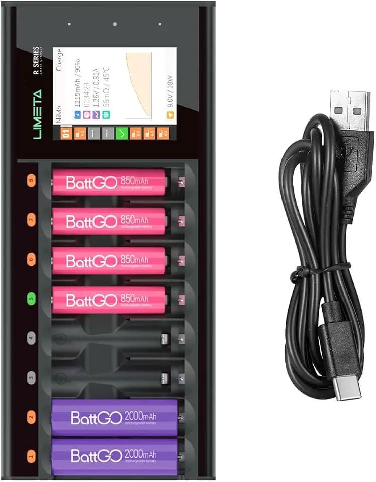 LIMETA R8 Akku Ladegerät für AA und AAA Batterien, 8-Slot Batterieladegerät mit USB Typ-C QC3.0 Schnellladefunktion und LCD Display, Automatische Akku-Typ-Erkennung, Verfügt über eine Entladefunktion