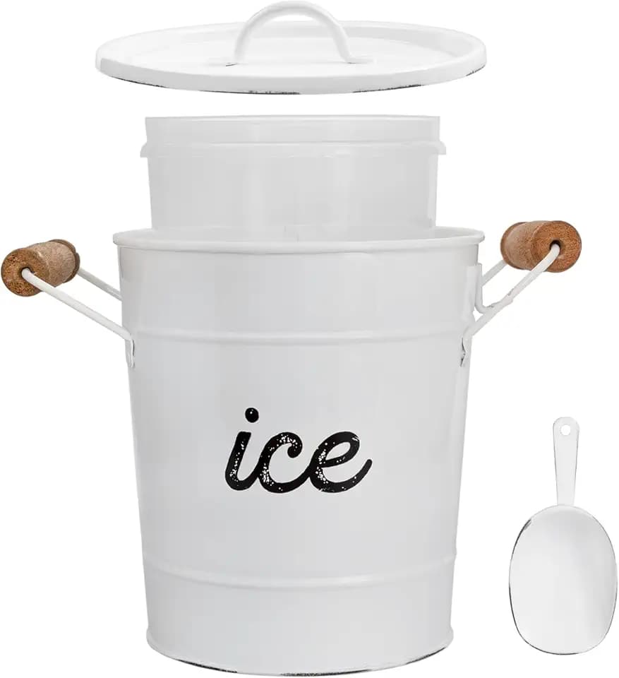 AuldHome Design Rustic Enamelware Ice Bucket; White Farmhouse Style Insulated Ice Server