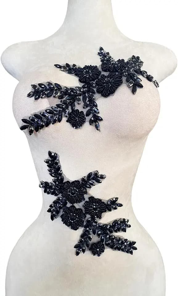 Handmade Rhinestones Bodice Applique sew on Beads Trim Patches Trim Accessories for Wedding Dress Shiny Decorative lace Patch 1 Pair/Set 5.9X10.6inches (Black)