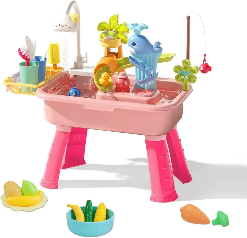 Wasserspieltisch Kinder - Wasserspieltisch Outdoor Strandspielzeug, Beinhaltet EIN breites Zubehörsortiment, Planschbecken mit Wasserpumpe, Wasser spieltisch Outdoor, Garten, Hinterhof, Hof(Rosa)