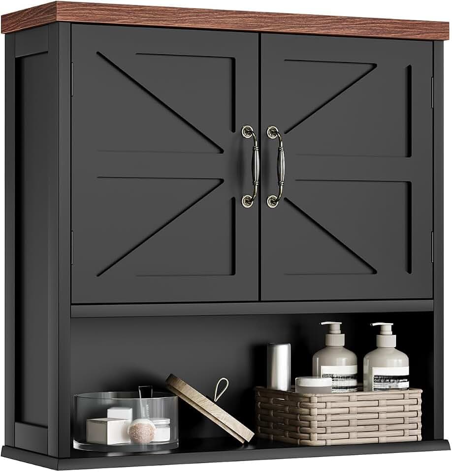 Smuxee Farmhouse Bathroom Cabinet Wall Mounted, Black Medicine Cabinet with Adjustable Shelf, Bathroom Cabinet for Living Room, Laundry Room