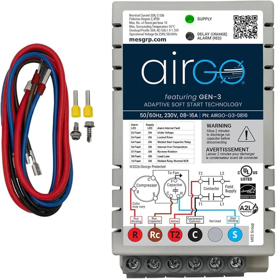 Soft Starter for Air Conditioners & Heat Pumps – Reduces Startup Surge, Reverse Motor Protection, Easy DIY Install, Generator/Stored Energy/Solar Compatible (8-16A + Install Kit)