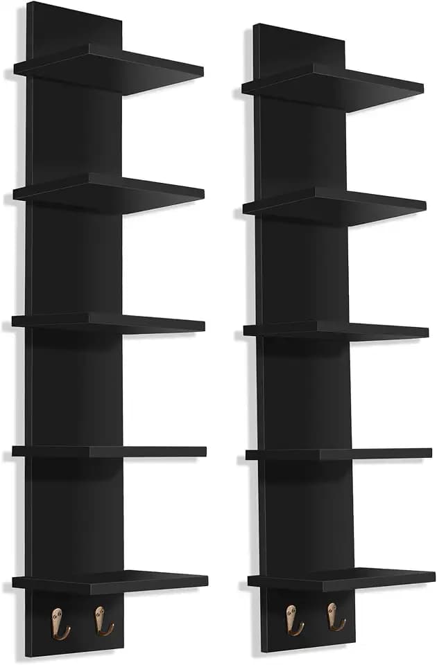 Sorbus 5-Tier Floating Wall Shelf with Hooks, 31 Inch (2 Pack, Black)