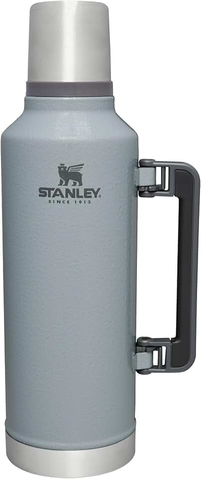 Stanley Classic Legendary Vacuum Bottle 2.5 qt Wide Mouth with Leakproof Cup Lid Keep Drinks Hot or Cold Packable for Travel Insulated Stainless Steel Thermal Bottle BPA-Free Hammertone Silver