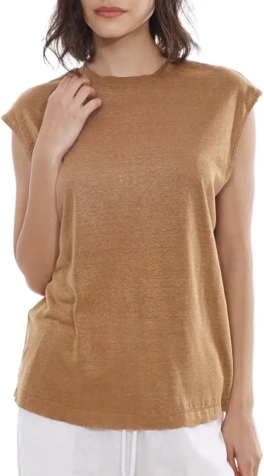 Amazhiyu Women's 100% Linen Knit Crewneck Tee Casual
