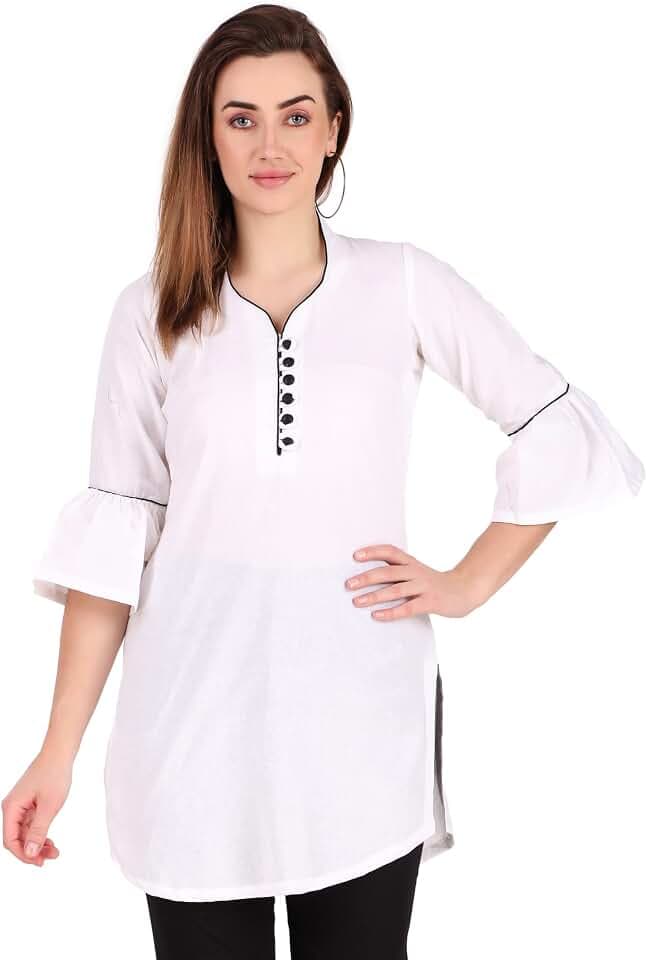 ladyline Womens Summer Casual 100% Cotton Plain White Button Style Tunic Top Shirt