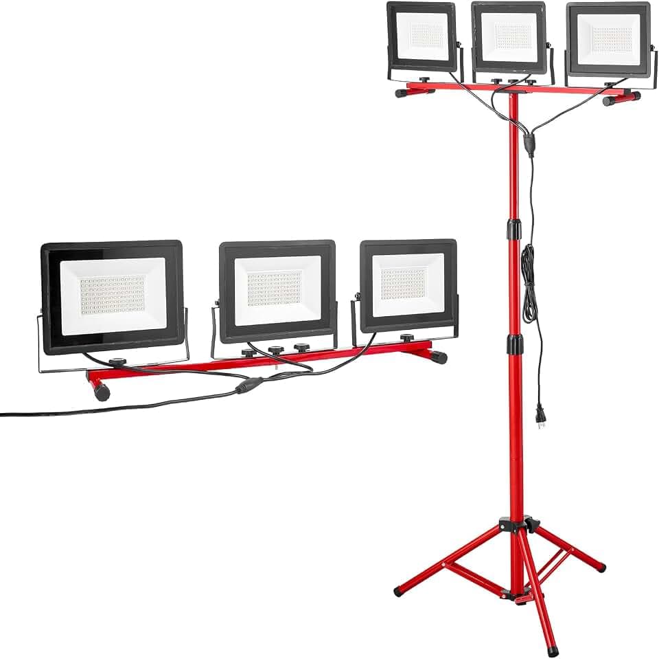 VEVOR Baustrahler LED mit Stativ, 21000 Lumen, 6000-6500K Arbeitsleuchte mit drei Köpfen, Einzelschalter, und 3,3 m Netzkabel, für Baustellenbau im Innen- und Außenbereich, IP65 wasserdicht