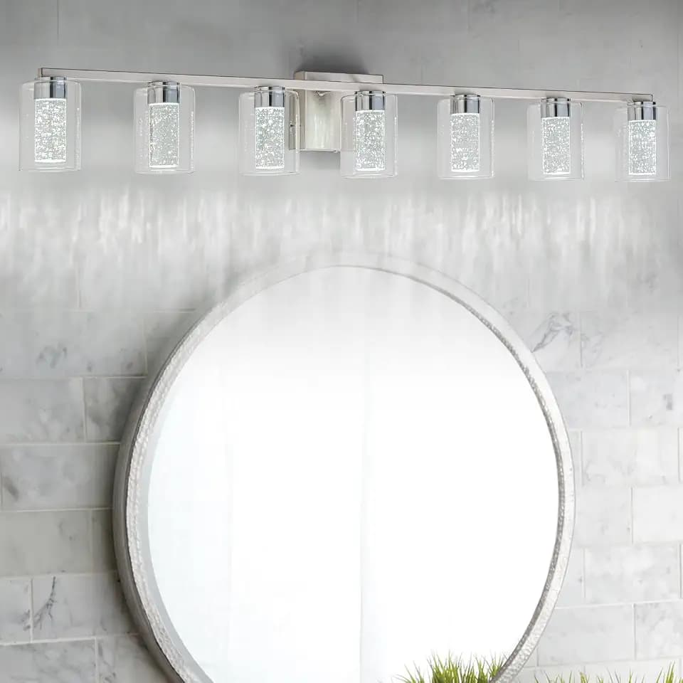 SineRise 7-Light Brushed Nickel Vanity With 3 Color Modes (3000K/4000K/6000K), Eye Protection LED Bathroom Fixture, Dimmable Modern Wall Light Over Mirror With Clear Glass Shade
