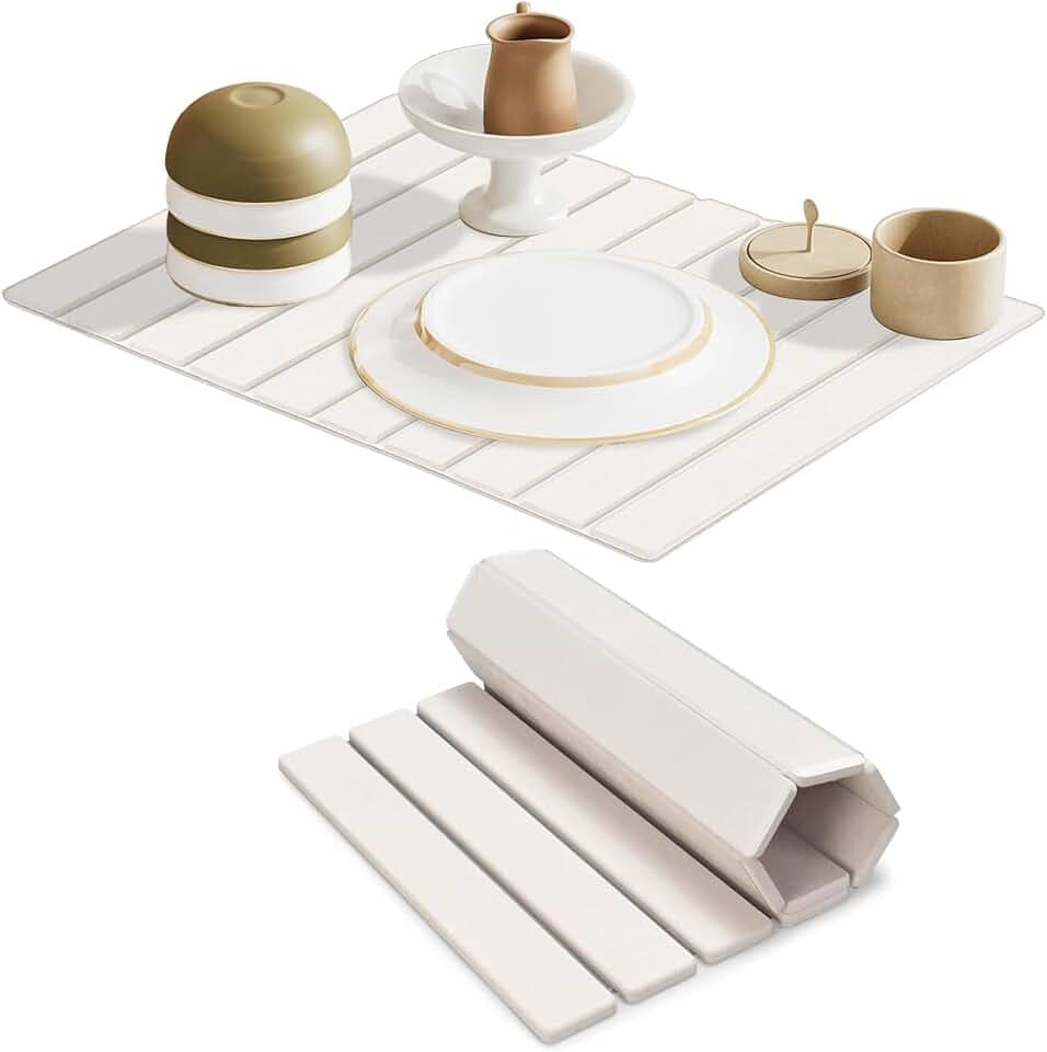 Large Stone Dish Drying Mats for Kitchen Counter, 23"(L)×16"(W) Diatomaceous Earth Mats, Water-Absorbent Collapsible Multi-Purpose Stone Drying Tray for Cups Dishes Bottles, Match Any Countertop