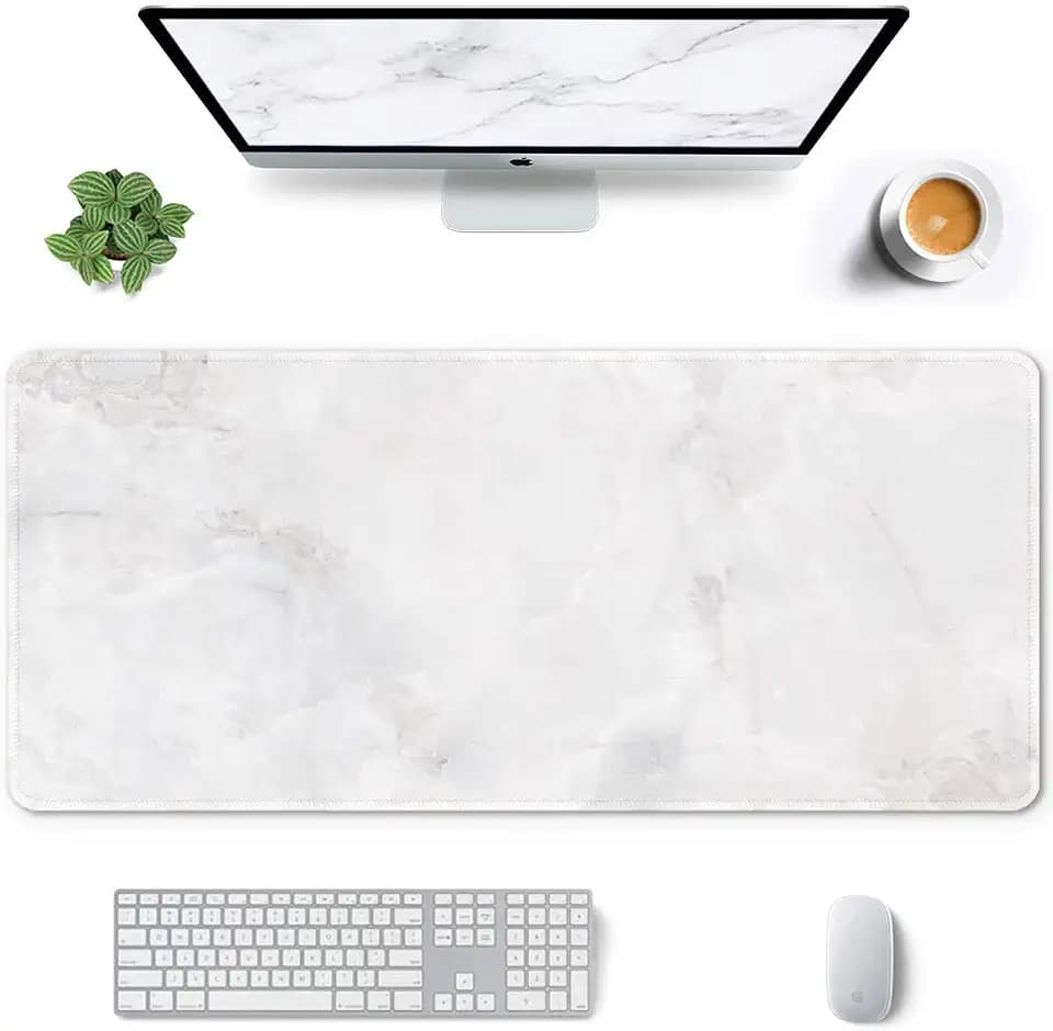 Large Mouse Pad, Full Desk XXL Extended Gaming Mouse Pad 35" X 15", Waterproof Desk Mat w/Stitched Edges, Non-Slip Laptop Computer Keyboard Mousepad for Office and Home, White Marble Design