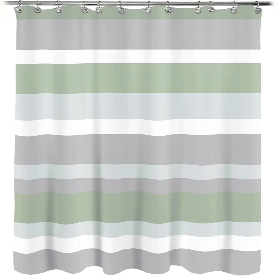 Sunlit Sage Green Gray Horizontal Stripes Water-Repellent Fabric Shower Curtain with Reinforced Metal Grommets Refreshing Striped Design Bathroom Decor, 72x72