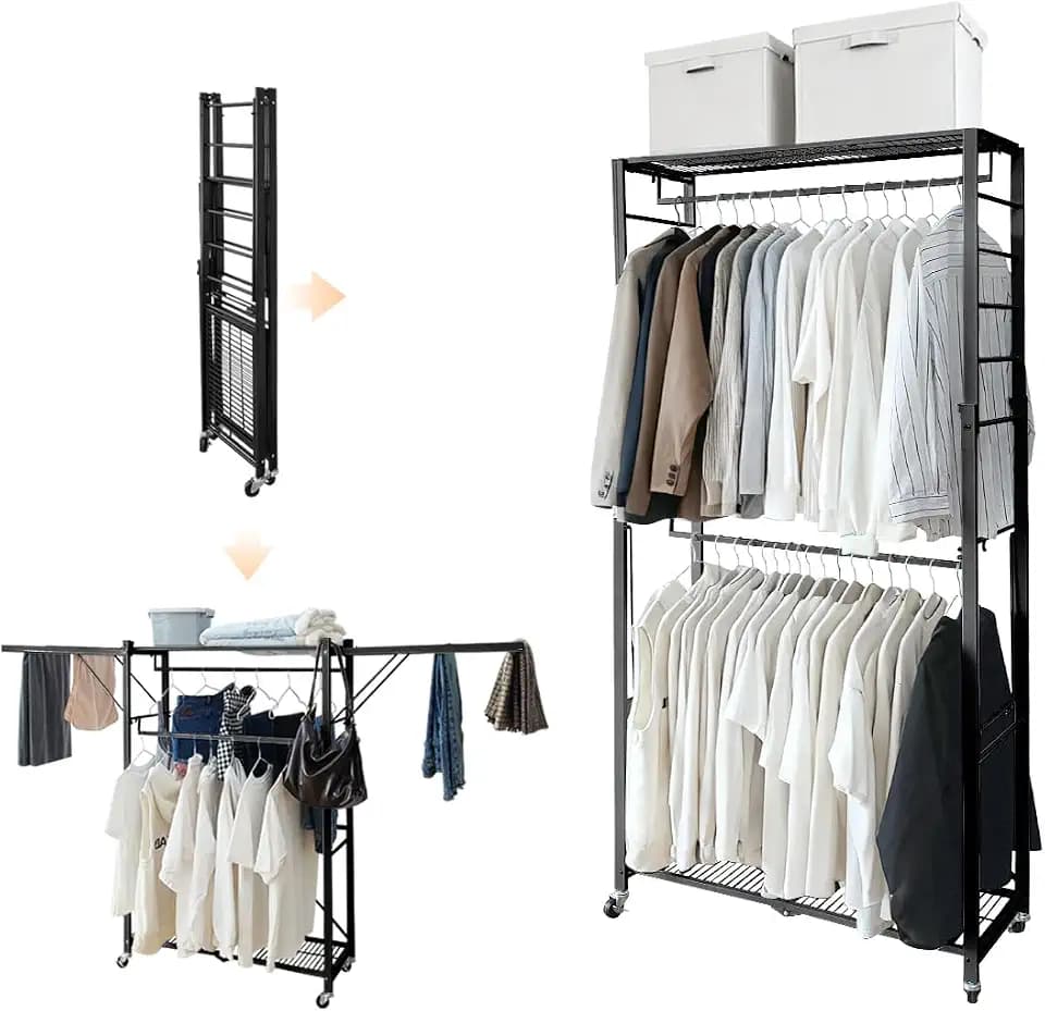 lumizone Folding Clothing Rack with Wheels Expandable Black