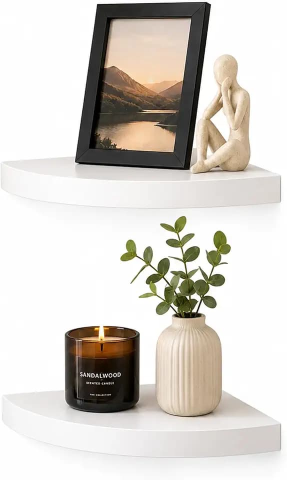 AHDECOR Wood Corner Shelves White, Durable Floating Corner Shelf for Organizing and Displaying Décor in Any Room, Set of 2