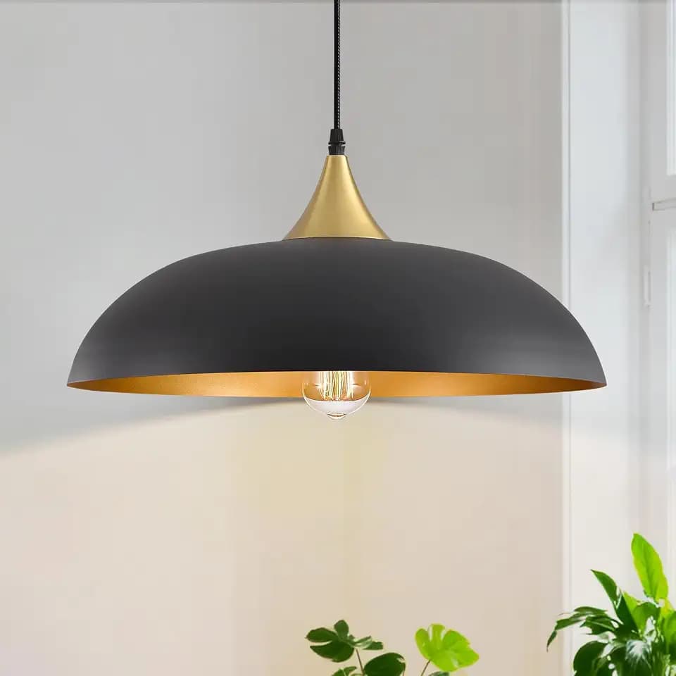 17.8" Large Black and Gold Pendant Light, Adjustable Height