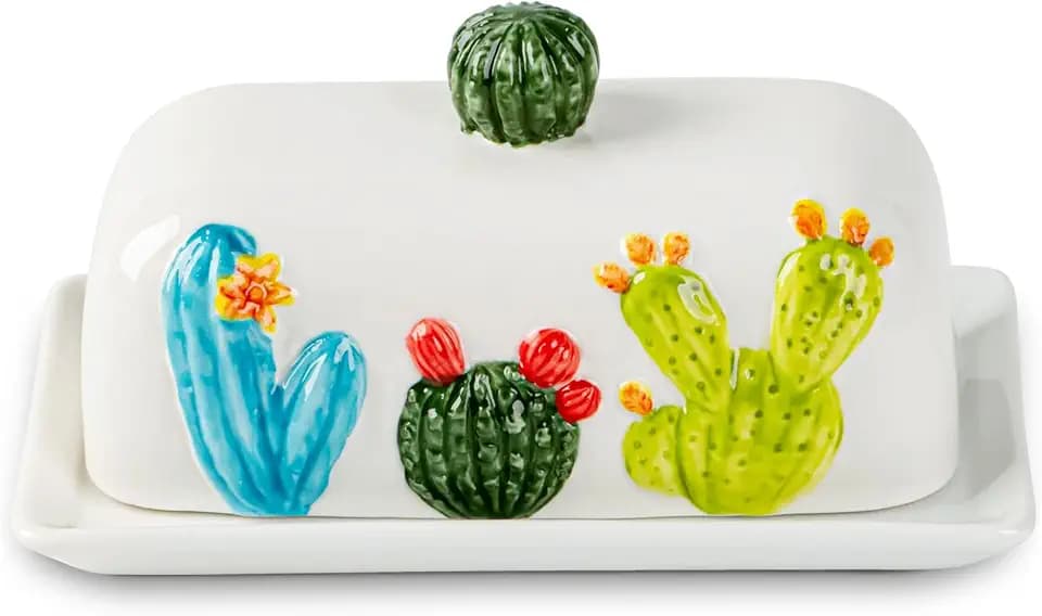 Cactus Ceramic Butter Dish Covered Tray with 3D Desert Plant Handle Lid