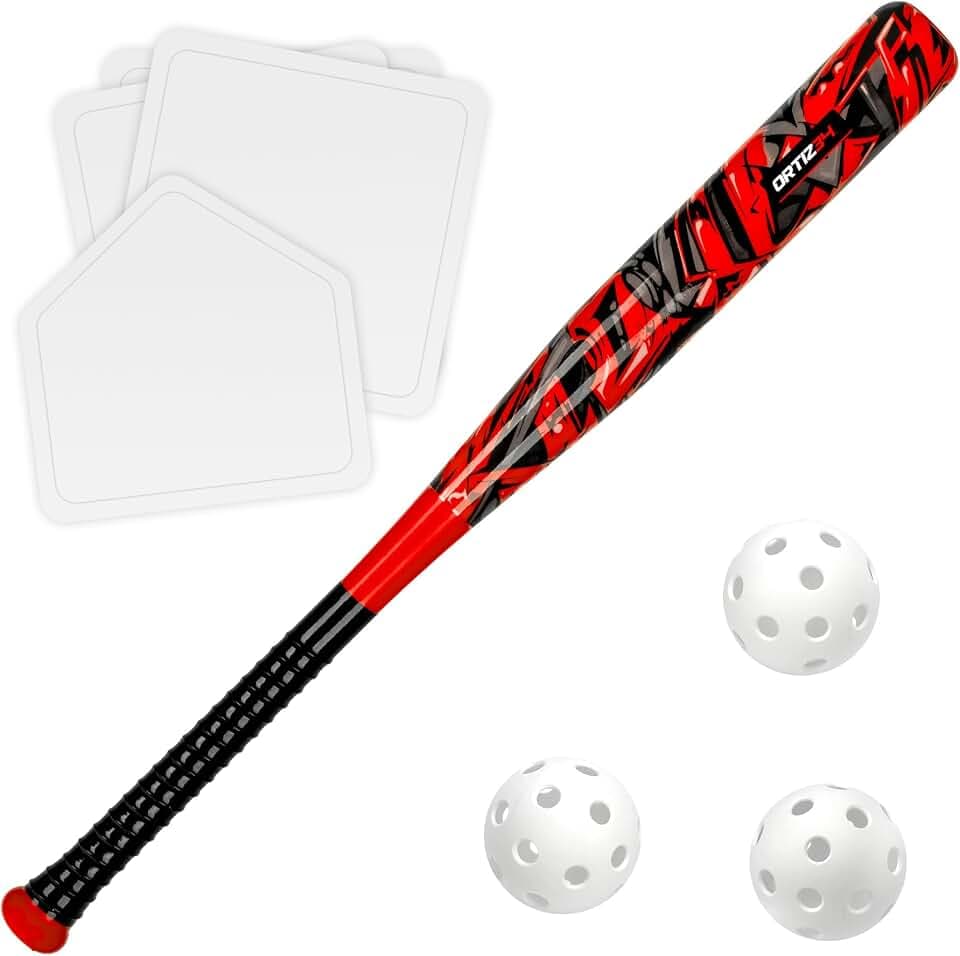 Grand Slam Set- Graffiti Plastic Bat, David Ortiz Backyard Baseball Set with 3 Balls, 4 Throw Down Bases