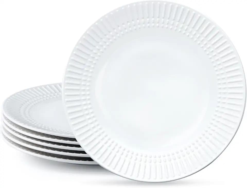NUTRIUPS 10.5 inch White Dinner Plates, Embossed Ceramic Plates Set of 6, Serving Plates for Pizza Salad Pasta Appetizer Steak, Microwave,Oven and Dishwasher Safe