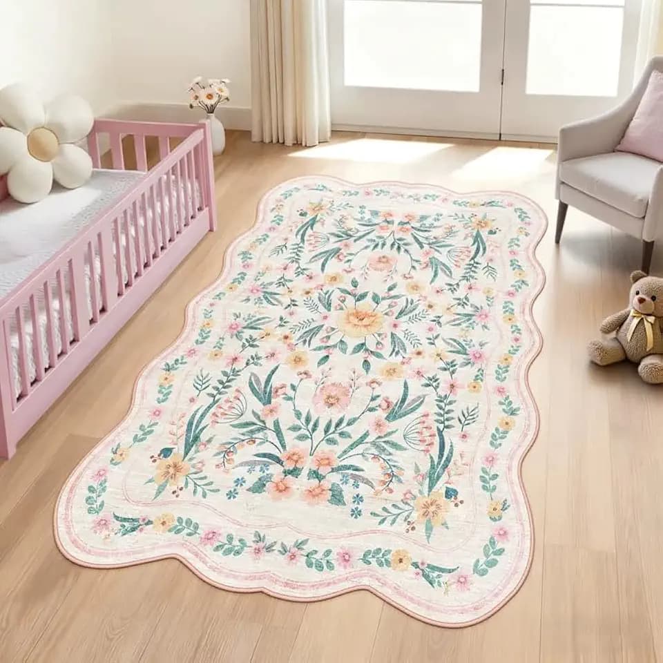 Pink Floral Rug 3X5 for Girls Bedroom or Nursery, Scalloped Washable Non-Slip Area Rug, Cute Soft Boho Carpet for Kids Room, Dorm, or Playroom