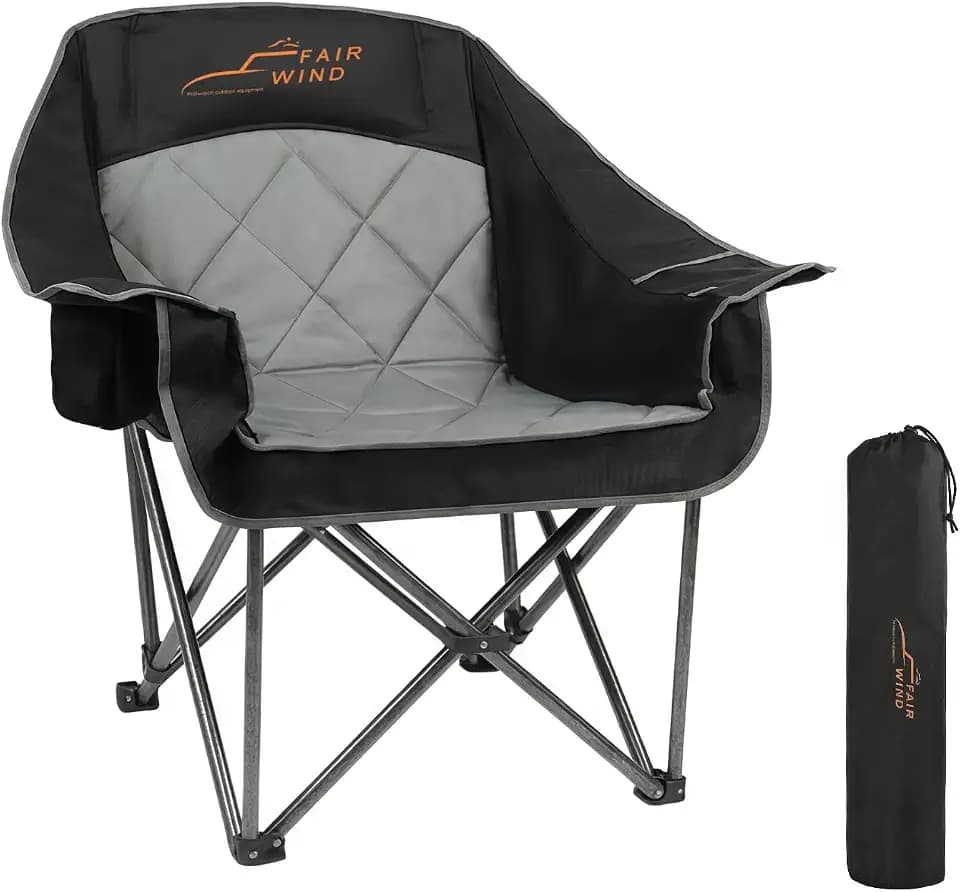 FAIR WIND Oversized Padded Camping Chair Heavy Duty Quad Fold Arm Chair Portable for Outdoor - Support 500LBS, Black