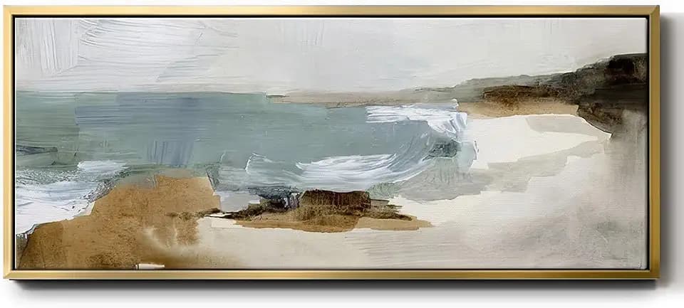 Renditions Gallery Floater Framed For Office Cloudy Grey Beach Canvas Wall Hanging Decoration for Lobby Home Kitchen Bedroom - 20"x50" Gold Frame LT618