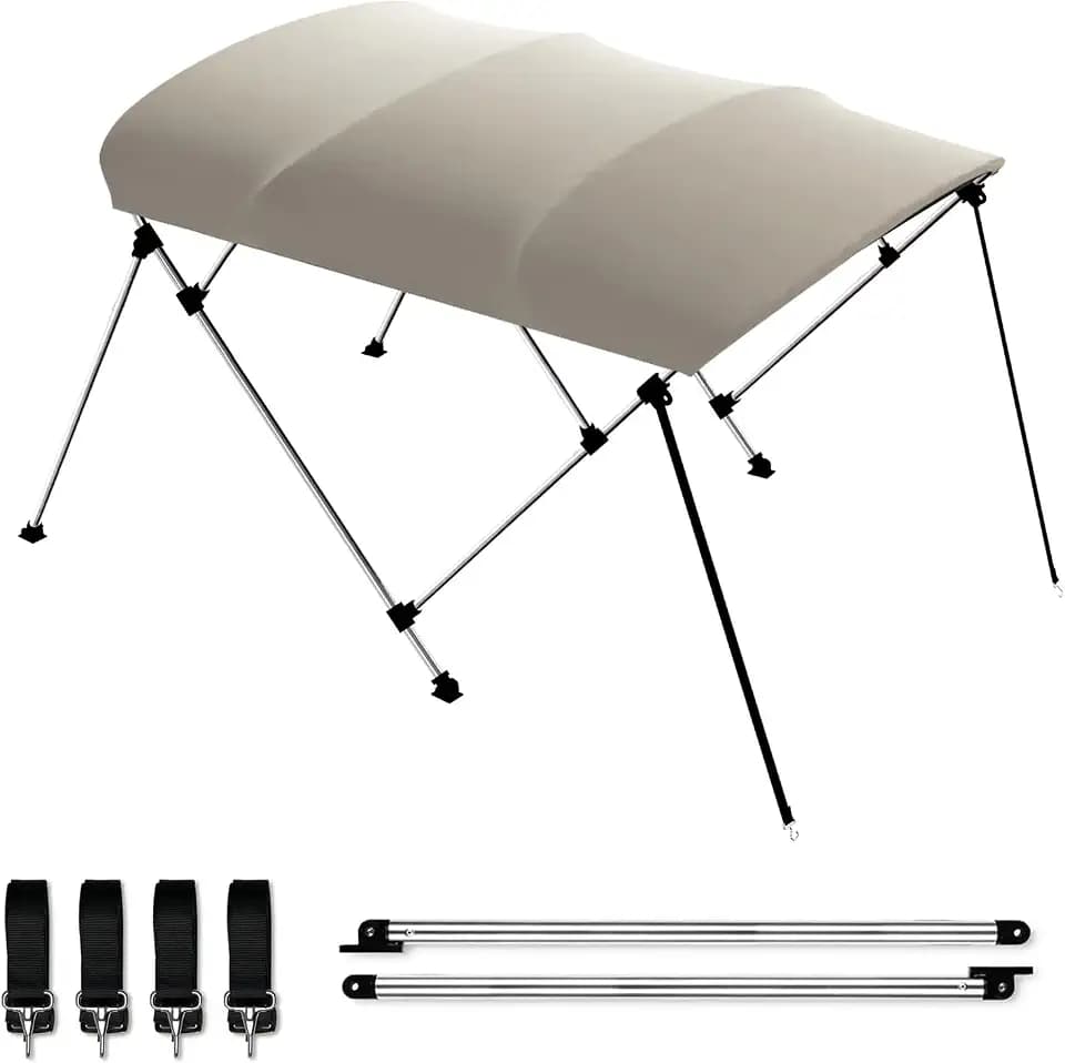 Bimini Boat Top Cover Sun Shade 3-4 Bow Boat Canopy Includes 4 Straps 2 Rear Support Poles Mounting Hardwares Storage Boot with 1" Aluminum Frame (Beige, 4 Bow 8'L x 54" H x 79"-84" W)