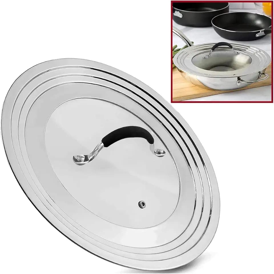 KEISSCO Stainless Steel Universal Lid for Pots, Pans and Skillets - Fits 7" to 12" Pot and Pans - Tempered Glass with Stainless Steel Rim Replacement Frying Pan Cover and Cast Iron Skillet Lid