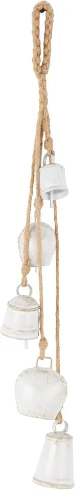Deco 79 Metal Indoor Outdoor Decorative Bells Tibetan Inspired Cascading Meditation Bell with 5 Bells on Jute Hanging Rope, Cow Bell 3" x 3" x 28", White