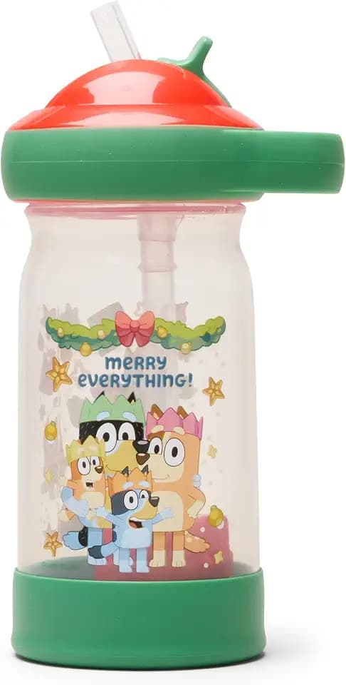 The First Years Sip & See Holiday Bluey Toddler Water Bottle - Includes Floating Charm - Spill Proof Toddler Cup with Straw - Dishwasher Safe with Flip Top Straw Cover - 13 Oz