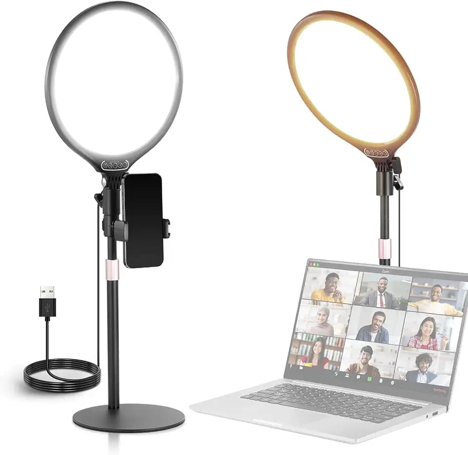 NEEWER Basics 10,5" Tischringlicht mit Ständer Handyhalterung Timer, Vollbild 15W dimmbar LED Selfie Panel Beleuchtung für iPhone Aufnahmen Streaming Laptop Videokonferenzen, Nur Strom über USB A, R10