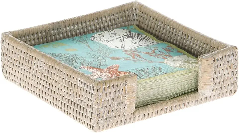 KOUBOO La Jolla Rattan Luncheon Paper Napkin Holder, Wicker Napkin Holder Table, Square Napkin Tray, Flat Napkin Holder for Kitchen Dinning Table Desk Counter Restaurant, White Wash