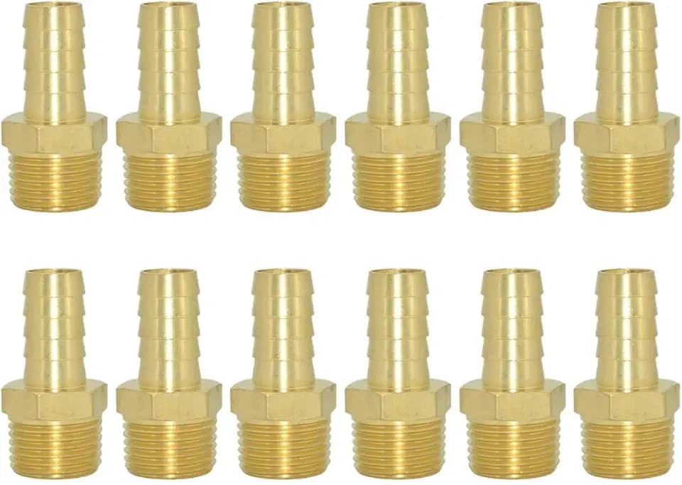 Brass Hose Barb Fittings, Male NPT Thread, Gold Finish, 12 Pack,Brass Air Line Repair Connector Kit for Compressor, Gas (12, 1/2OD-1/2 inch)