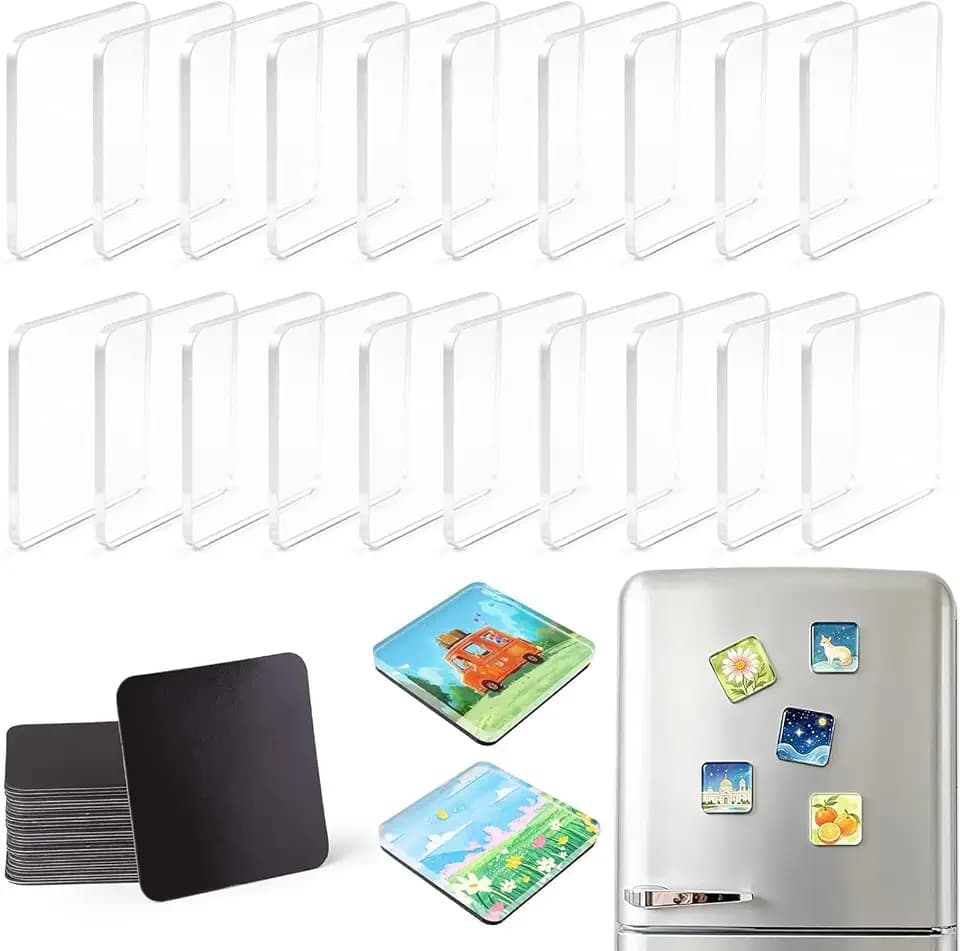 20 Pack 2x2 Inch Clear Acrylic Fridge Magnets with Strong Adhesive Backing, DIY Square Photo Magnet Frames for DIY Fridge, Whiteboard, Cabinet, Classroom & Office Decor,Square