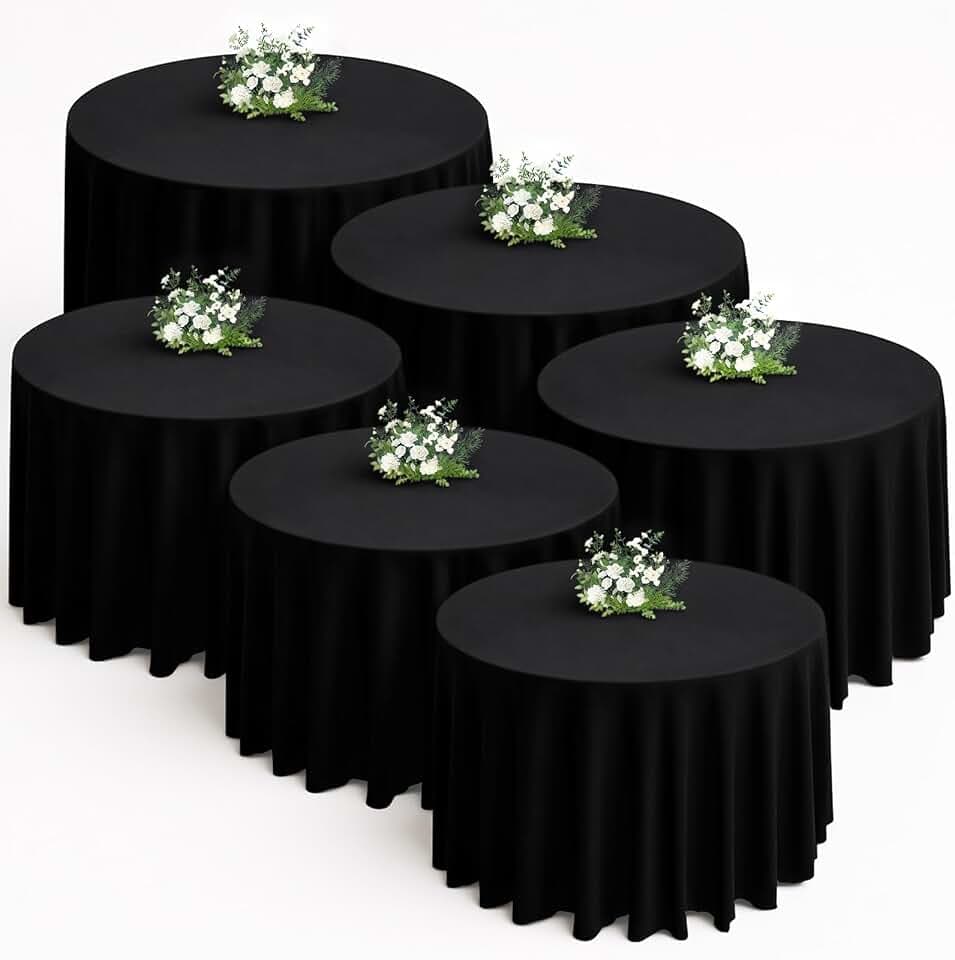 6 Pack 132 Inch (11 Ft) Round Polyester Tablecloth | Mantel Redondo - Black Washable | Fits 96-120 Inch (8-10 Ft) Round Tables/Mesas Redondas | Wedding, Birthday, Banquet Decor