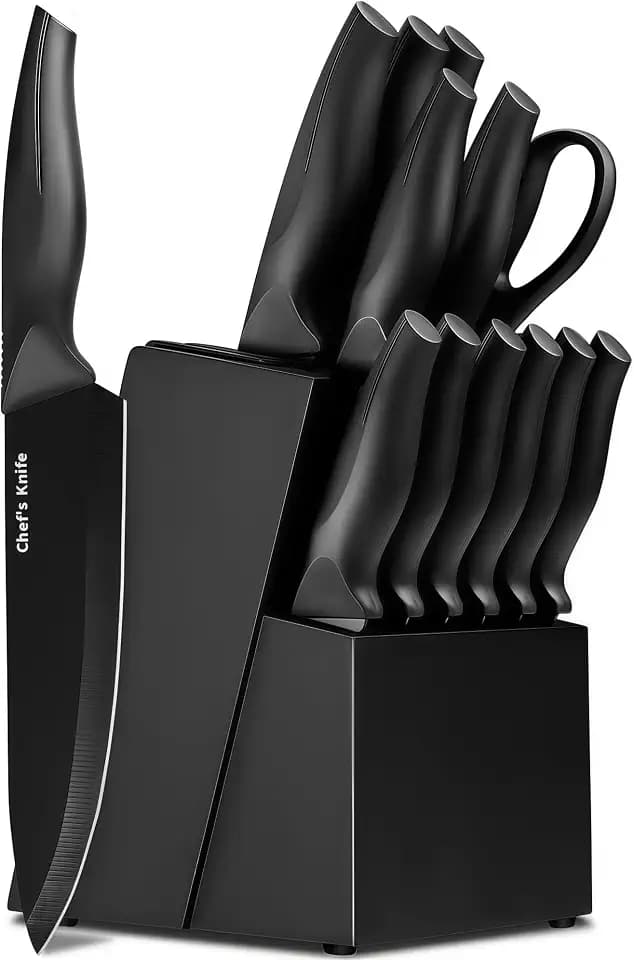 LINHAO 14-Piece Black Kitchen Knife Block Set with Built-In Sharpener